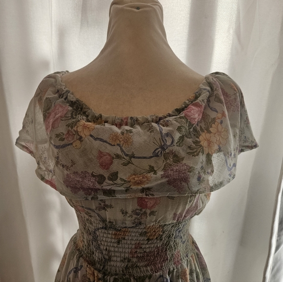 Vintage 70s Mint Green Floral Off The Shoulder Midi Dress Small Boho Cottagecore - Picture 2 of 6